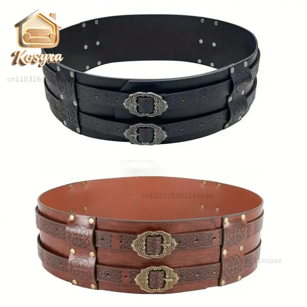 Nordic Viking Style Embossed Wide Belt PU Material Medieval Knight Costume Renaissance Cosplay Accessories Unisex Adjustable