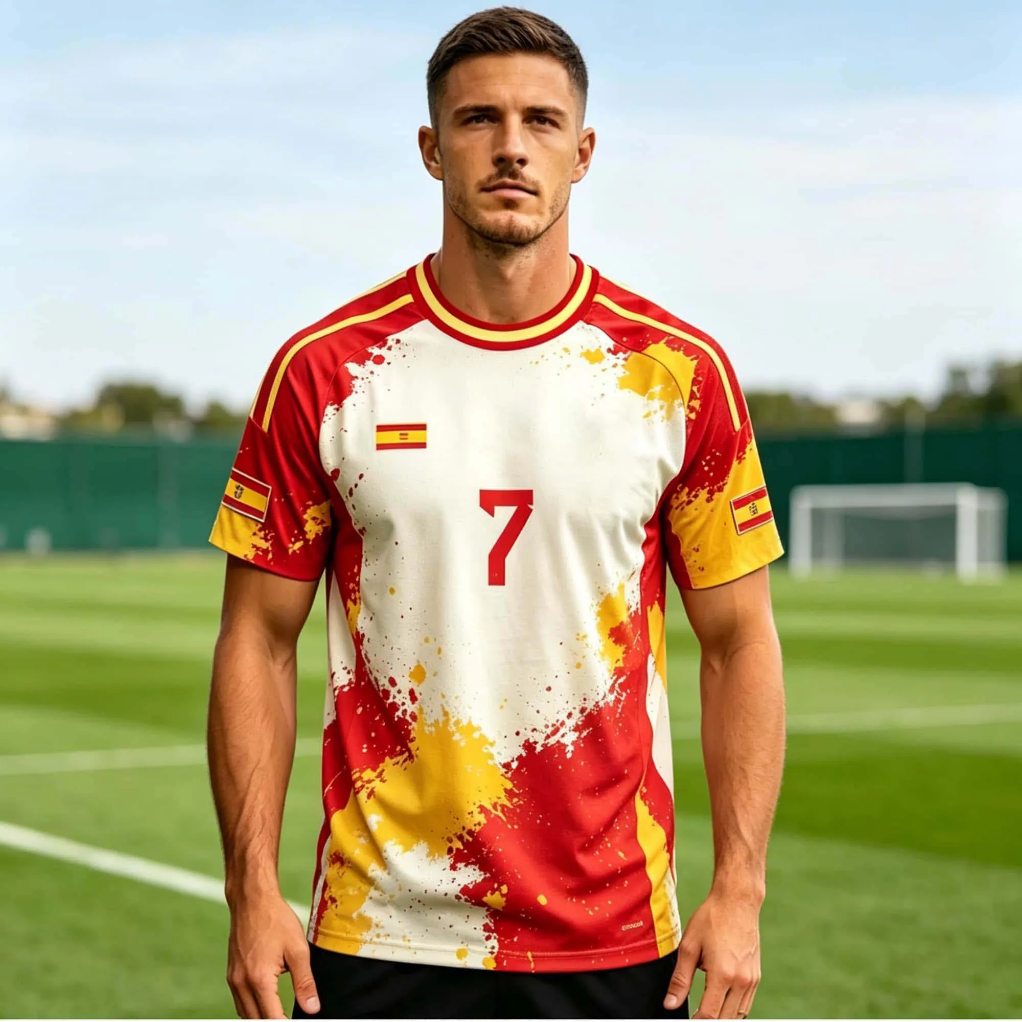 Herren Spanien Fußball T-Shirt Splash Ink Rot Gelb Weiß Nummer 7 Rundhals Kurzarm Schnelltrocknend Atmungsaktiv Fußball-Match-Fan-Trikot