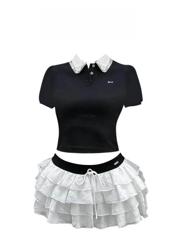 Saia inchada de cintura baixa e Ne ort Sve T irt Conjunto Faion feminino College Sle Design Bla Color para mulheres jovens