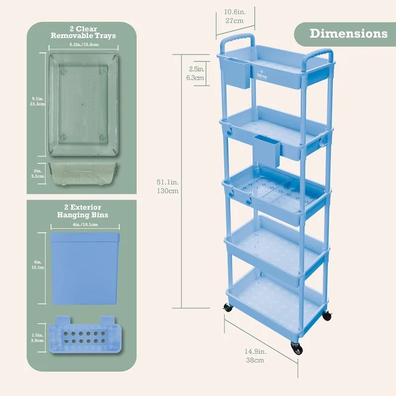 5-Tier Plastic Rolling Utility Cart with Handle, Lockable Caster Wheels 2 Bins 3 Hanging Baskets & 4 Hooks