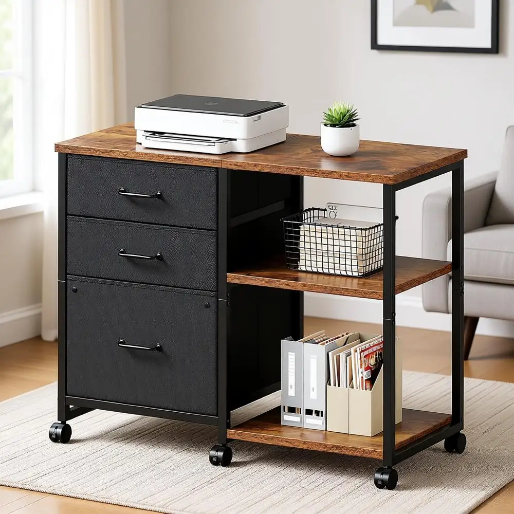 

Коричневая передвижная подставка для принтера в деревенском стиле с открытыми полками и боковым шкафом для документов для домашнего офиса