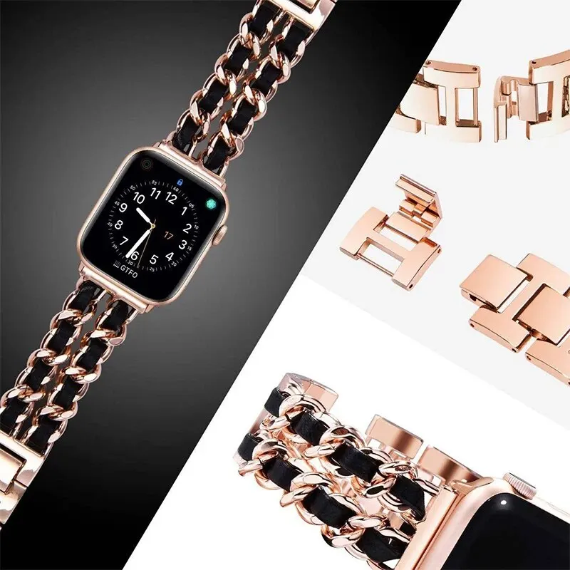 Women Metal Leather Wristband For Apple Watch Band 8 Ultra 49mm 7 4 6 5 For IWatch 41mm 45mm 38/42mm 44 40mm Strap Lady Bracelet