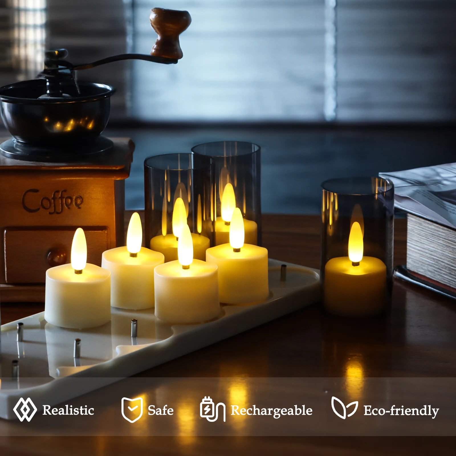 FPOO وامض عديمة اللهب مصباح شمعة قابلة للشحن LED ضوء شمعة الموقت أضواء الشاي مع أكواب سوداء لشمعة الديكور المنزل