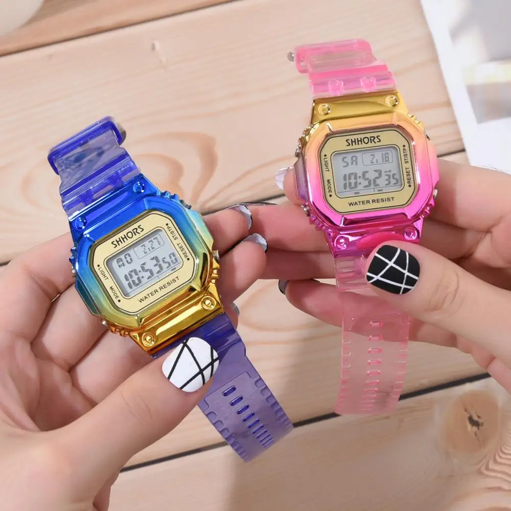 2020 Fashion Color Gradient Led Digital Watches Women Rectangle Dial Multifunction Electronic Watches Women Sports Watches Clock