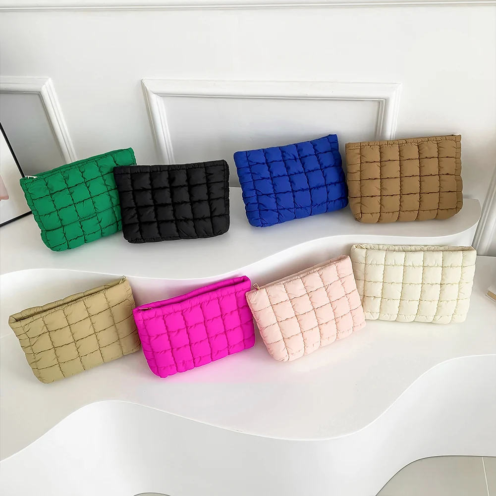 

Quilted Makeup Bag Puffy Makeup Organizer Storage Bag with Zipper Cosmetic Organizer Case Solid Color for Women and Girls