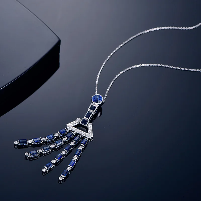 Foydjew Luxury Designer High-end Jewelry Simulation Sapphire Royal Blue Stone Pendant Necklaces Women's Long Tassel Necklace