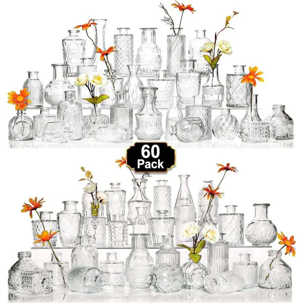 Vase Set of 60 Pcs, Small Clear Glass Bud Vases in Bulk for Flowers, Rustic Wedding Centerpieces and Vintage