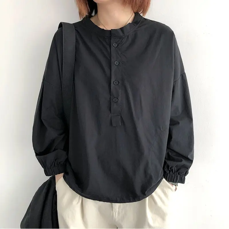 Retro de manga larga con cuello redondo para mujer en otoño nueva moda Top Casual suelta camisa de manga de talla grande a la moda
