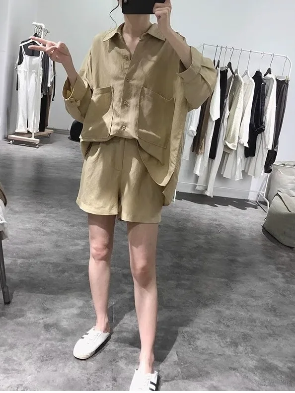 Setelan Linen Ringan Wanita Longgar Musim Panas Dua Potong Setelan Wanita Fashion Kancing Panjang S...