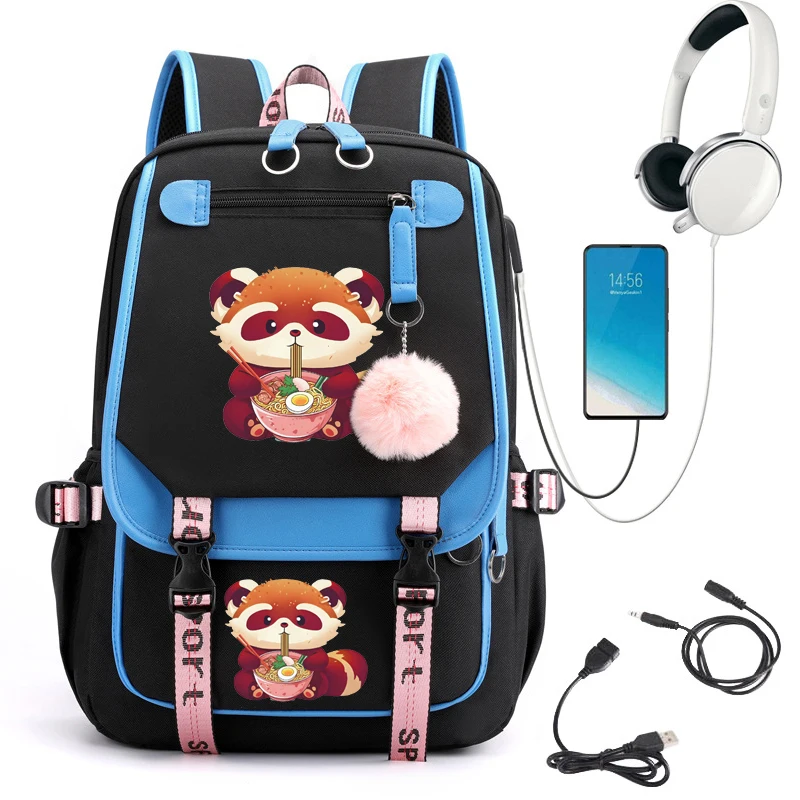 

Red Panda Anime School Backpack for Teenager Red Panda Eating Ramen Cartoon Bookbag Usb Bagpack Student School Bag Travel Bags