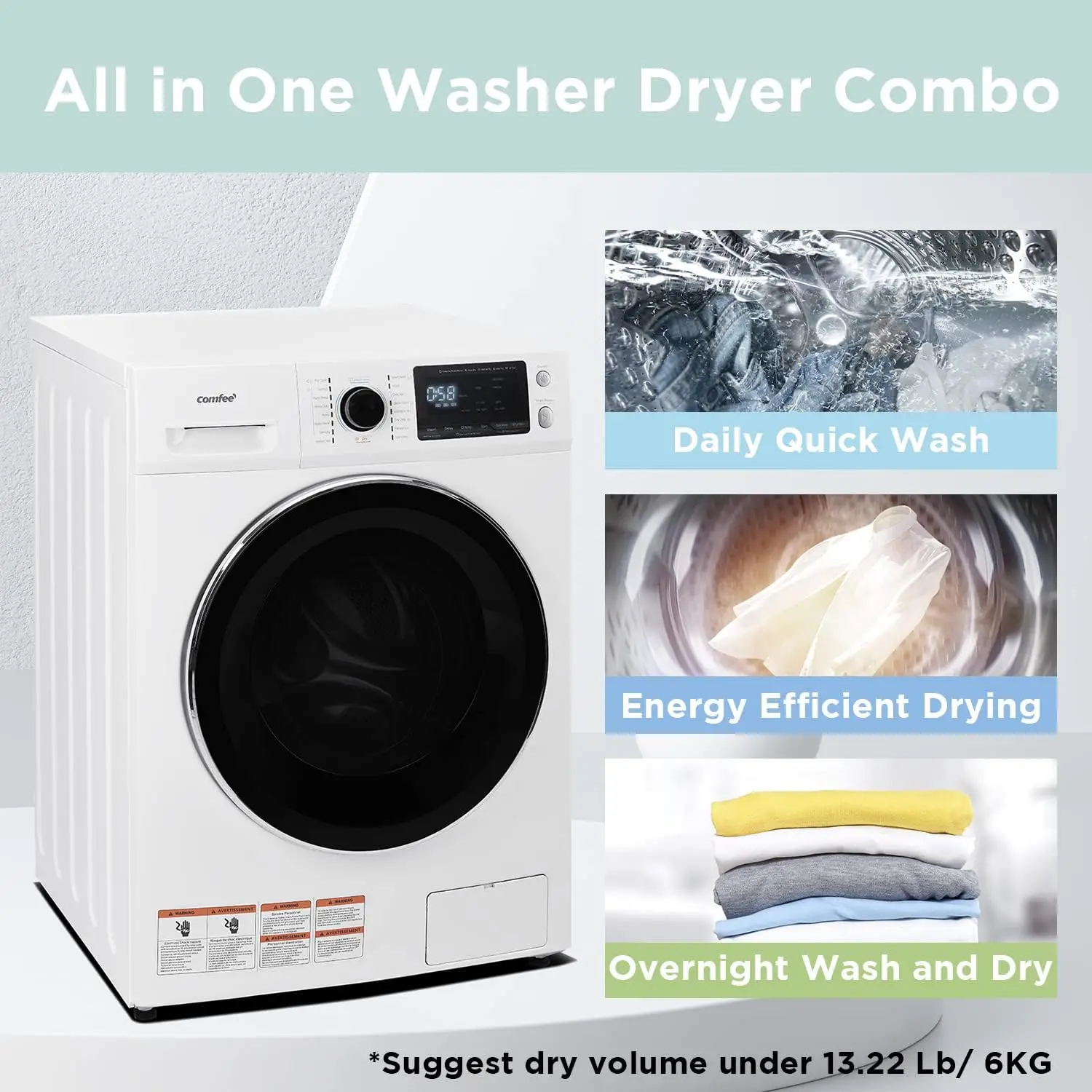 24" Washer and Dryer Combo 2.7 cu.ft 26lbs Washing Machine Steam Care, Overnight Dry, No Shaking Front Load Full-Automatic