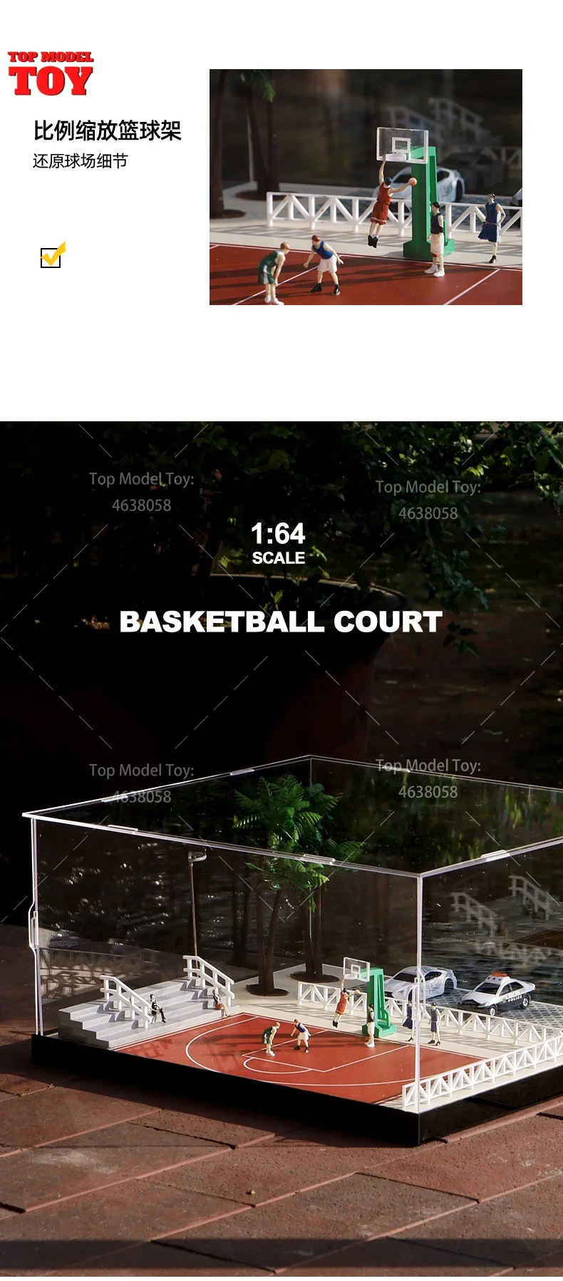 1/64 Scale Simulate Miniature Scene Model 35x32x18.5cm Basketball Court Sand Table Landscaping Mini House Props for Fans