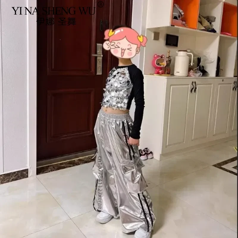 Costume de danse Jazz pour filles, ensemble à paillettes argentées et noires, tenue de spectacle de danse de rue, vêtements de fête de compétition de Ballet Hip Hop pour enfants