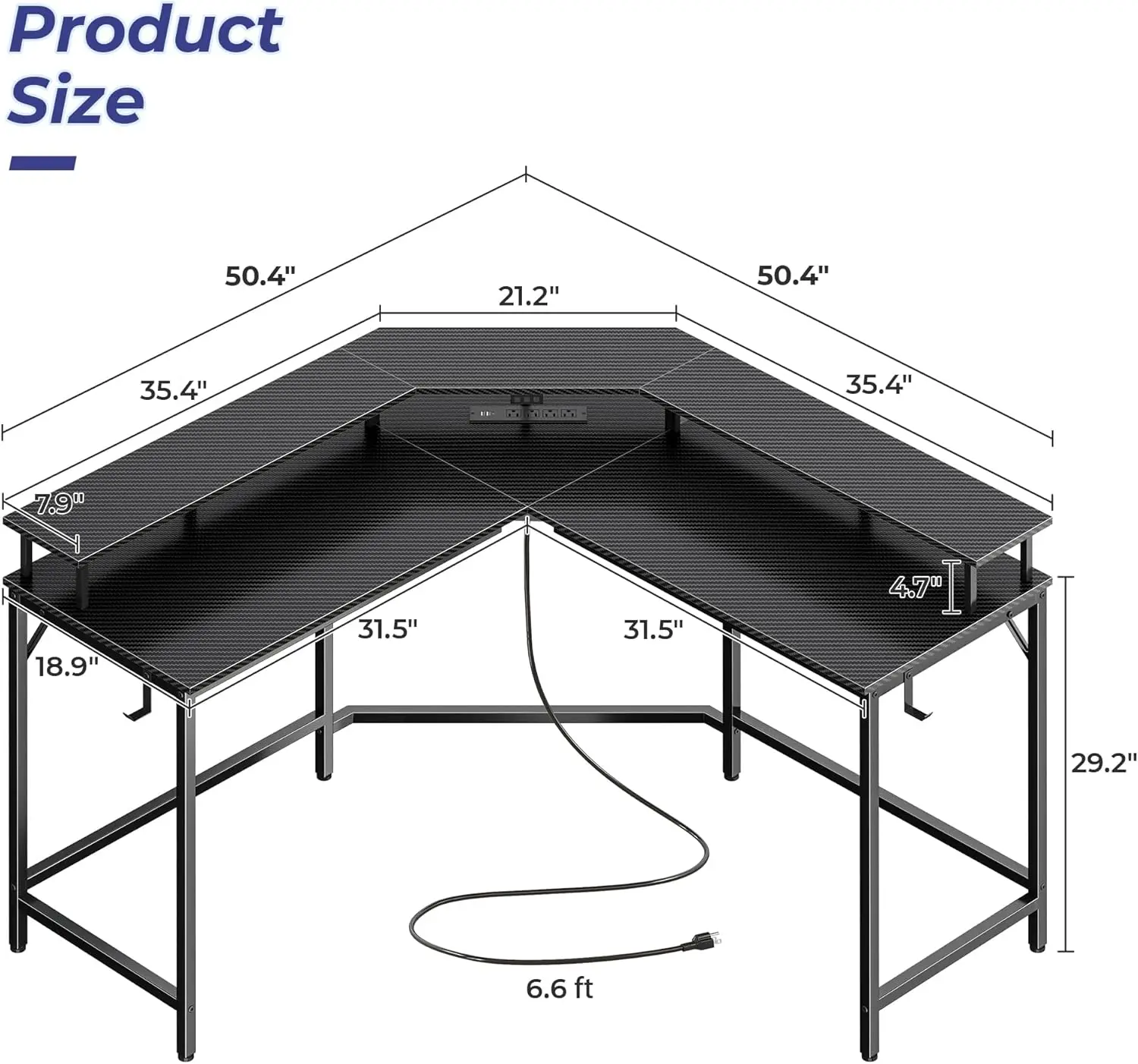 L Shaped Gaming Desk with Power Outlets & LED Lights, Computer Desk with Monitor Shelves, Carbon Fiber Surface