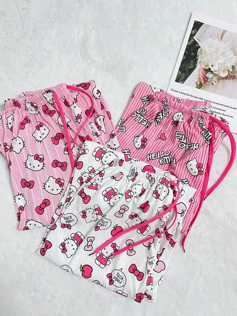 Sanrio Pajama Pants Spring Summer Women Cute Hello Kitty Elastic Waist Home Pants Loose Comfortable Student Dormitory Y2k Pants