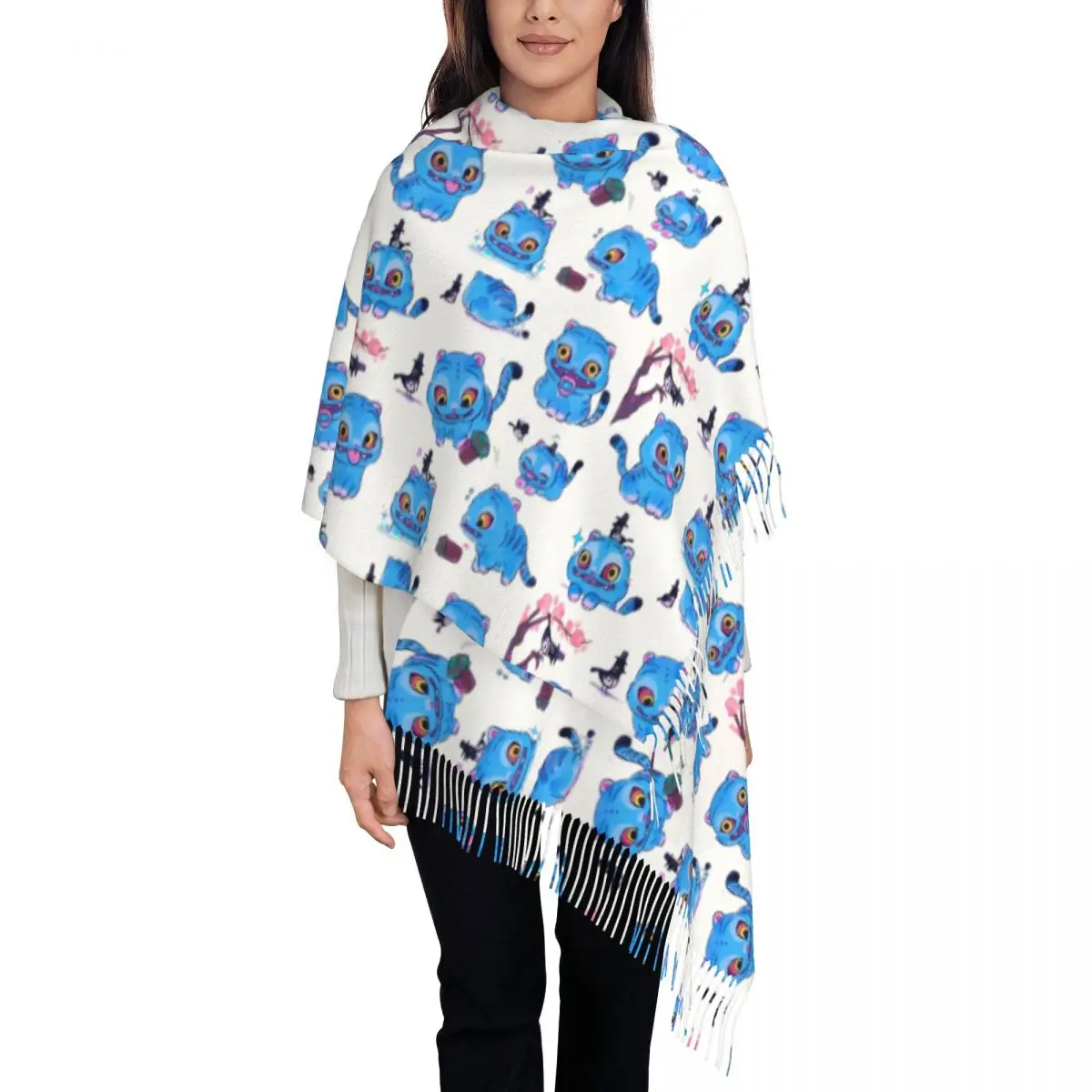 

KPOP Demon Hunters, шаль с синим тигром для женщин, теплый большой мягкий шарф, шарфы с кисточками из пашмины