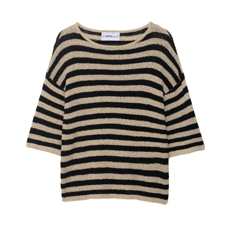 

Женский вязаный топ многослойного кроя, осенний модный универсальный свободный и повседневный женский топ в полоску с круглым вырезом и рукавами три четверти