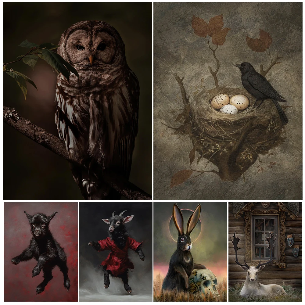 

Autumn Blackbird,Owl And Rabbit Woodland Magic Animal Wall Art Canvas Print Victorian Dark Creature Art Poster Print Decoration