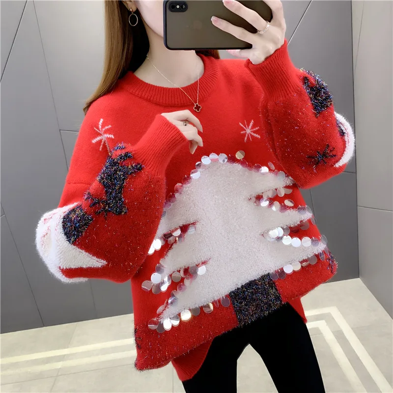 Winter Christmas Sweater Knit Coats Women\'s Sweater Pullover Couple Outfit Korean Fashion Loose Sequins Jacquard New