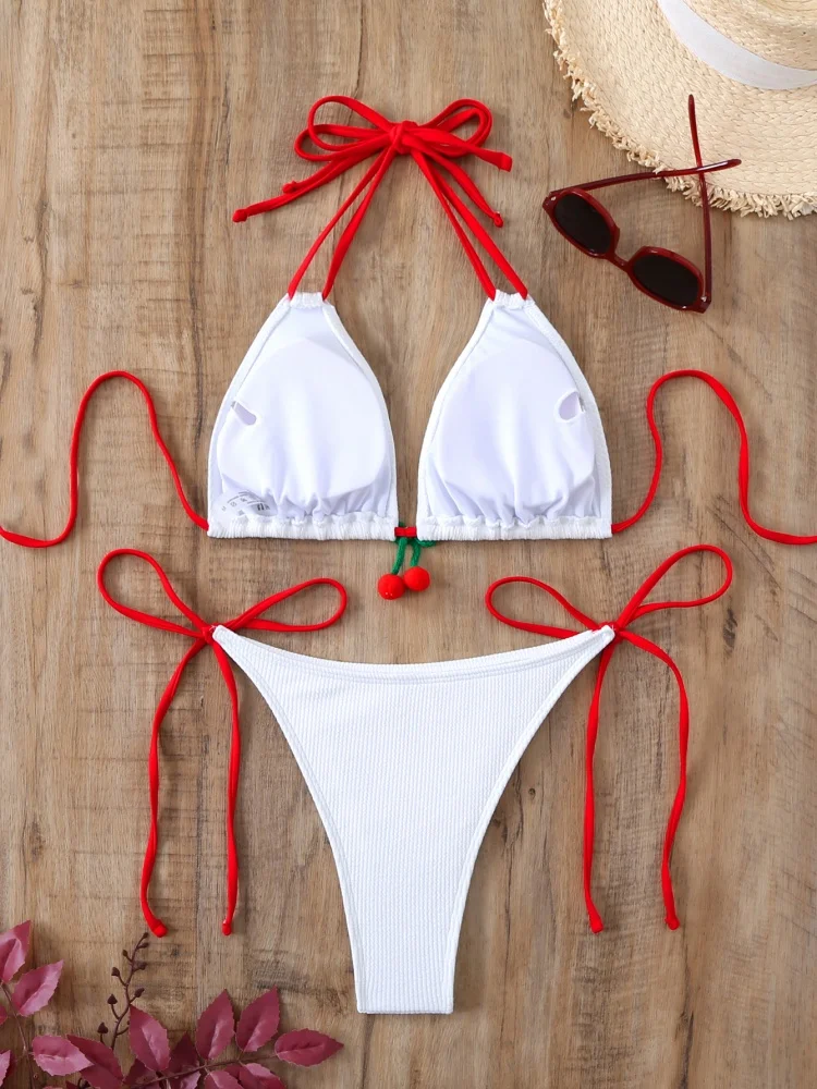 Bikini-Frauen-Badeanzug, 2025, neuer weißer Neckholder-Bikini-Set, sexy rückenfreie Badebekleidung, Sommer, zweiteiliger Strand-Badeanzug, weiblich