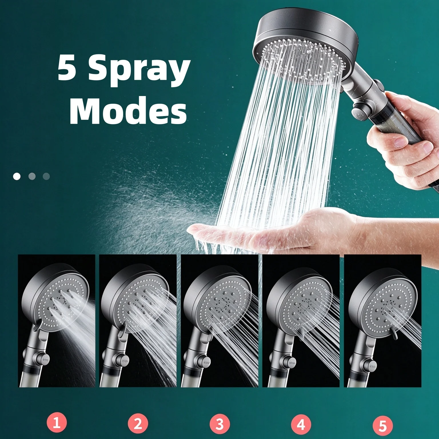 Handheld Showerhead Black Grey Built-in Water Filter Stop Valve 5 Spray Modes with 10 Spare Filter Cartridges