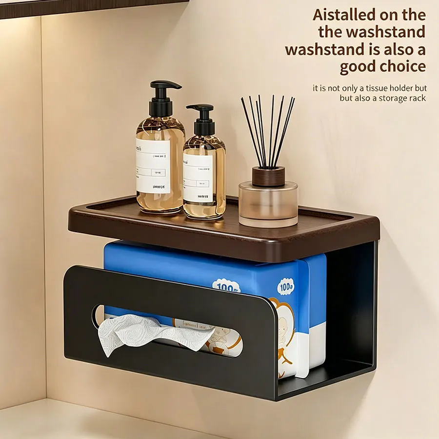 1PCS Walnut Wood Color Toilet Paper Holder No-Drill Bathroom Tissue Box with Hand Towel Storage Rack for Washroom