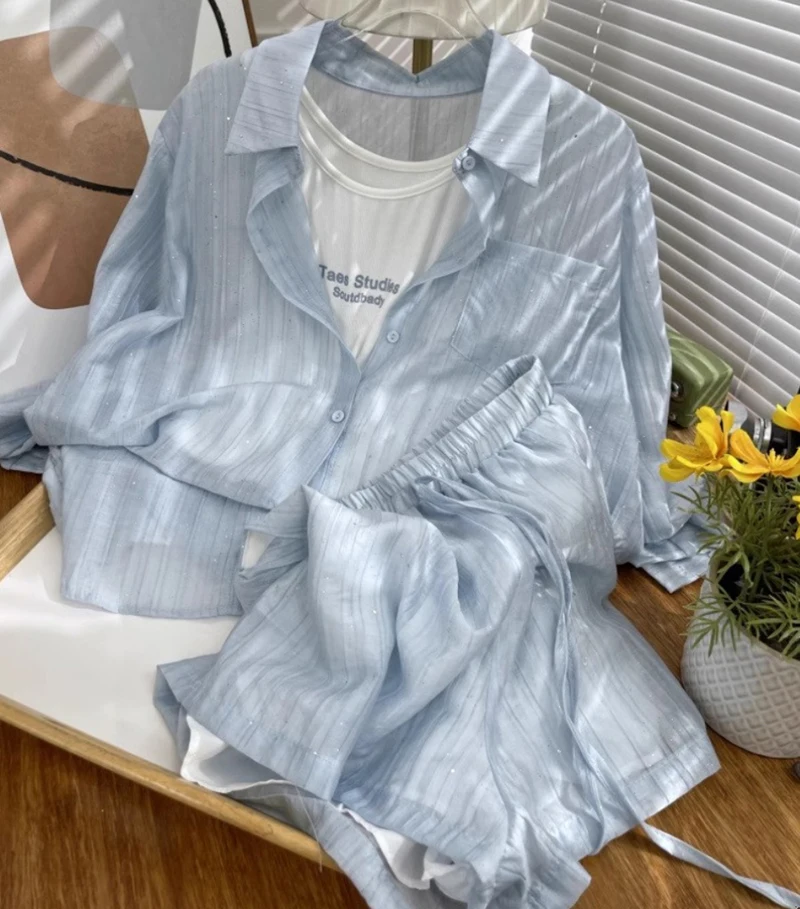 

Sequin Sunscreen Shirts 3 Pieces Suits Women Summer New Long Sleeves Loose Shirts Slim Small Camisole Casual Wide Leg Shorts