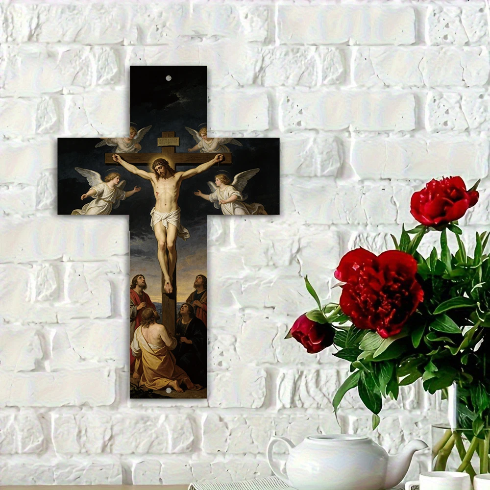 2D1pc A solemn, exquisite cross wall art depicting the Crucifixion with angels. A profound centerpiece for prayerful reflection.