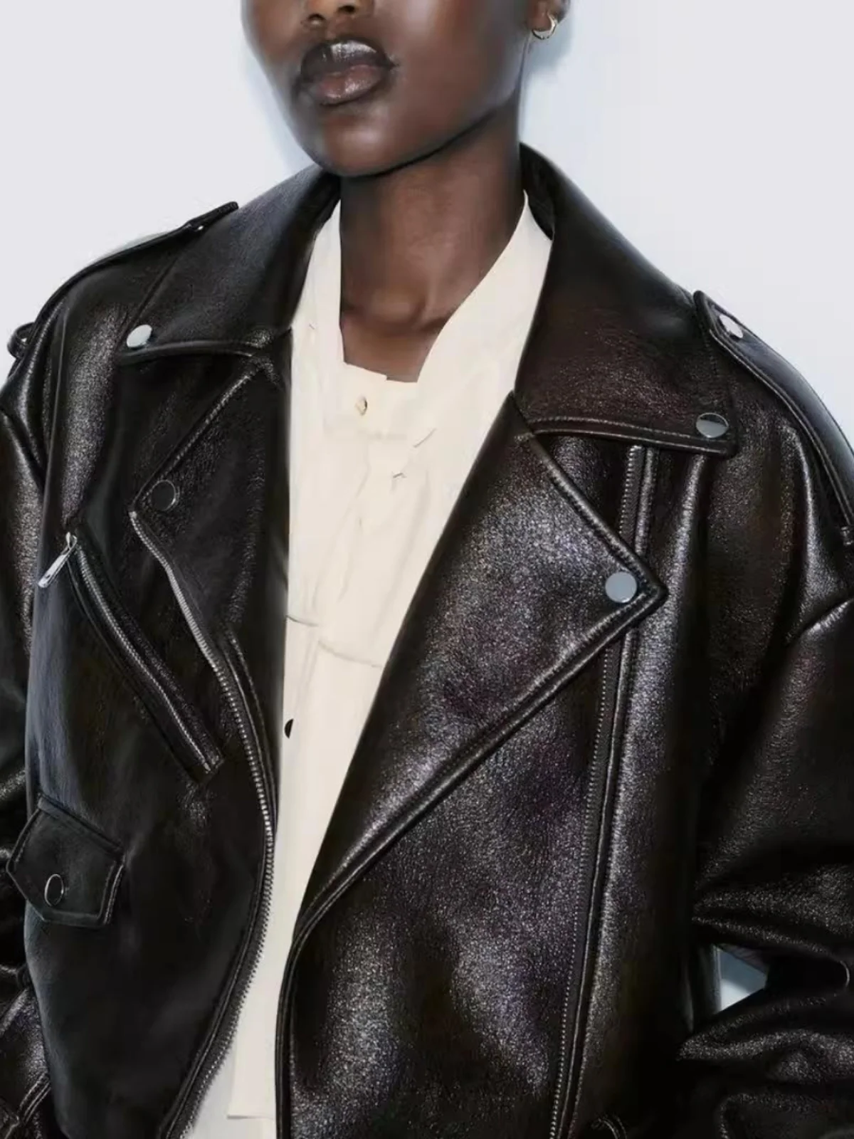 봄 가을 신상 여성 패션 PU 가죽 바이커 스타일 긴 소매 재킷 코트 스트리트 스타일 루즈 핏 지퍼 클로저