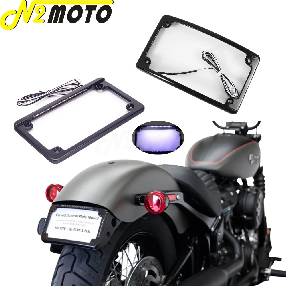 

Motorcycle 6 LED Curved License Plate Frame w/ Light Fit 7-3/16" x 4-1/4" License Number Plate For Harley XL Cafe Racer Bobber