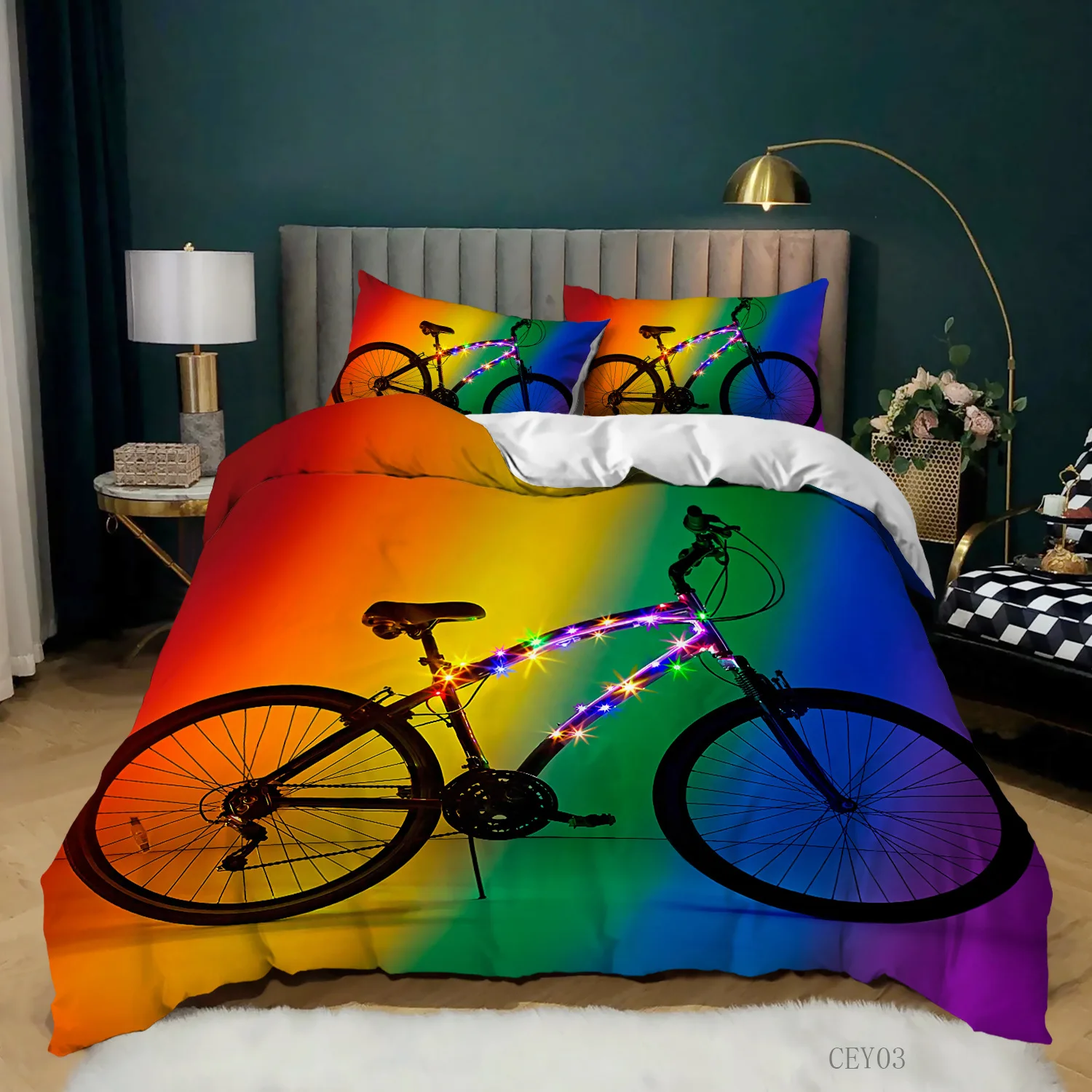 Bicycle Duvet Cover King/Queen Size A Bike Sketch Artwork Quilt Cover Soft Polyester Bedding Set 1/2 Pillowcases Yellow Purple