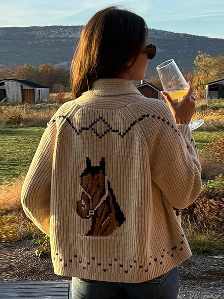 Fashion Sailboat Print Knit Cardigan For Women Casual Lapel Long Sleeve Loose Sweater Lady 2026 Spring Chic Street Outerwear