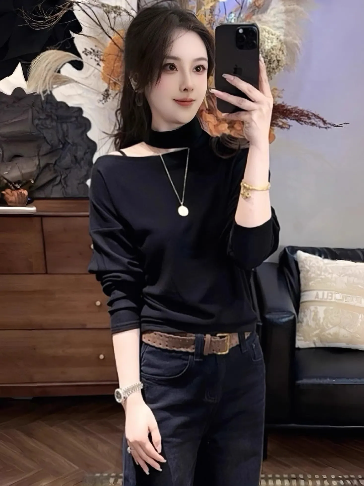 한국 패션 안티에이징 롱 슬리브 오프숄더 네이키드 스타일 티셔츠 여성 가을 겨울 신상 슬림핏 베이스 티셔츠