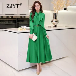 ZJYT-vestido Midi elegante de manga larga Para Mujer, ropa informal a la moda Para oficina, color verde y negro, primavera 2024