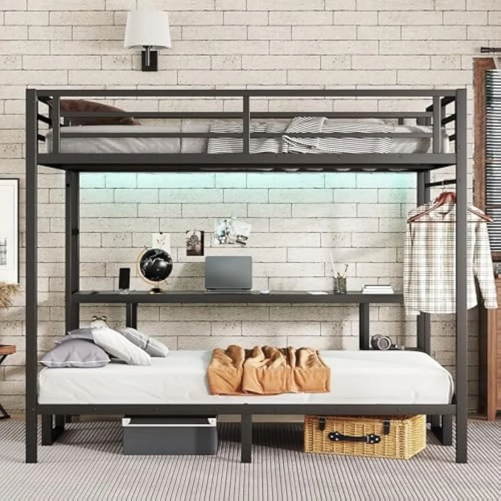 Bellemave Futon bunk Bed Twin XL Over Queen، سرير علوي كوين مع فوتون ومكتب وأرفف، سرير علوي مع Des Kand LED وUSB،