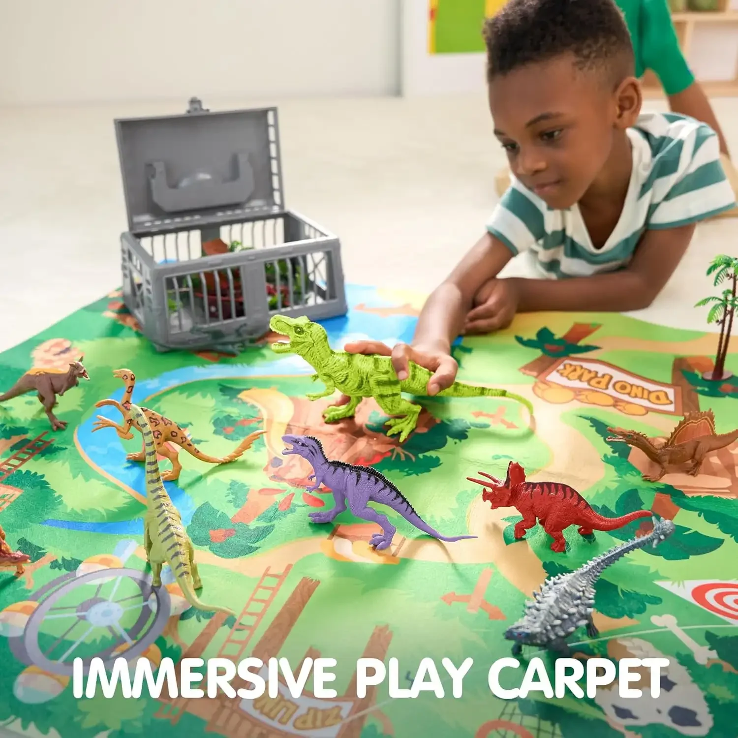 Joyfy 19 peças de figuras de dinossauro realistas, brinquedos com tapete de atividades e árvores, conjunto de brinquedos para crianças de 3 a 6 anos, presentes de aniversário