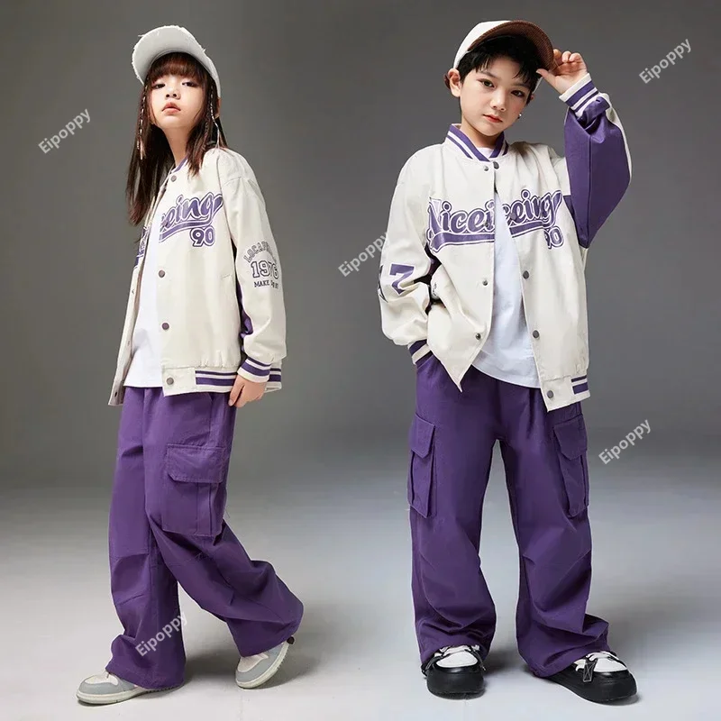 Boys Hip Hop Baseball Coat Solid Caro Pants Girls Cool Street Dance Jacket Streetwear Children Jazz Clothes Sets Kids  Costumes