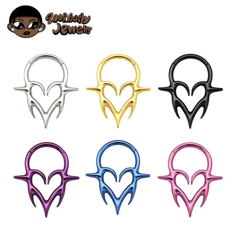 

ASTM F136 Титановые племенные клыки на петлях Кликер SEG Перегородка Пирсинг Сердце Тотемные серьги Передняя спираль Анодированные украшения для тела в стиле панк