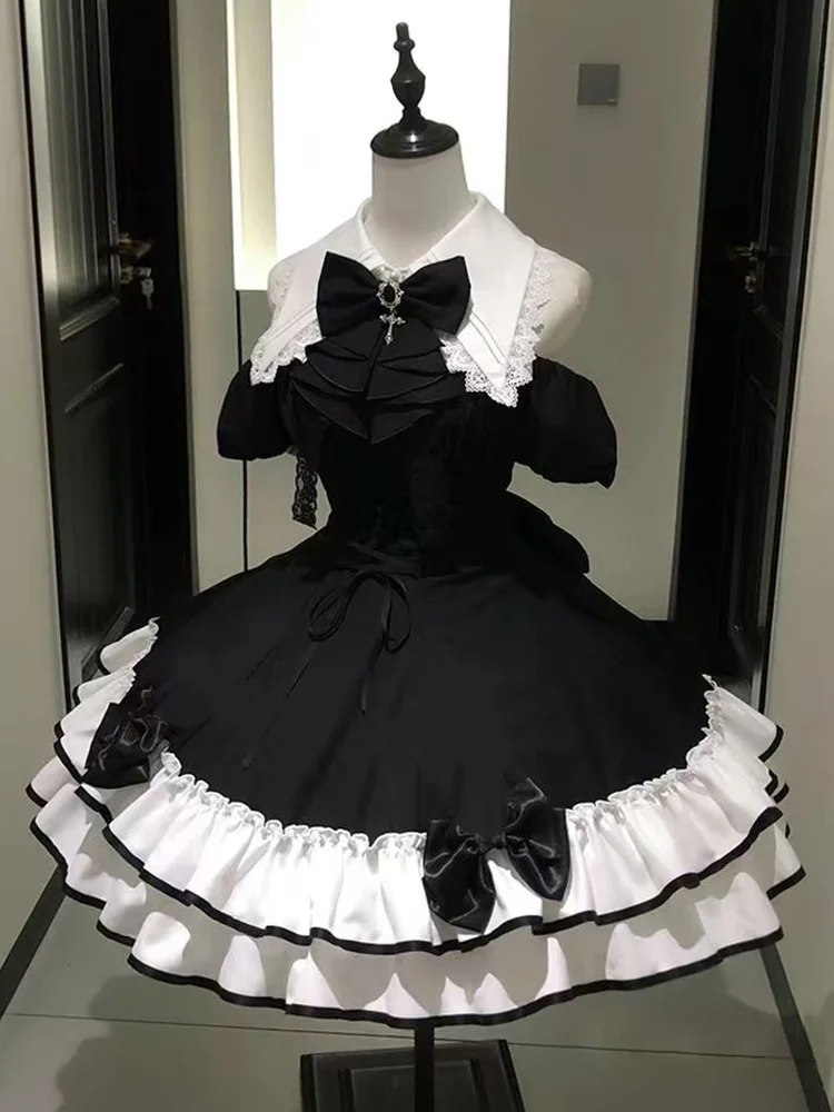 Gothic Lolita Black White Color Block  Knot Decoration Waist Cinching Shoulder Baring Maxi Skirt Dress for Young Women