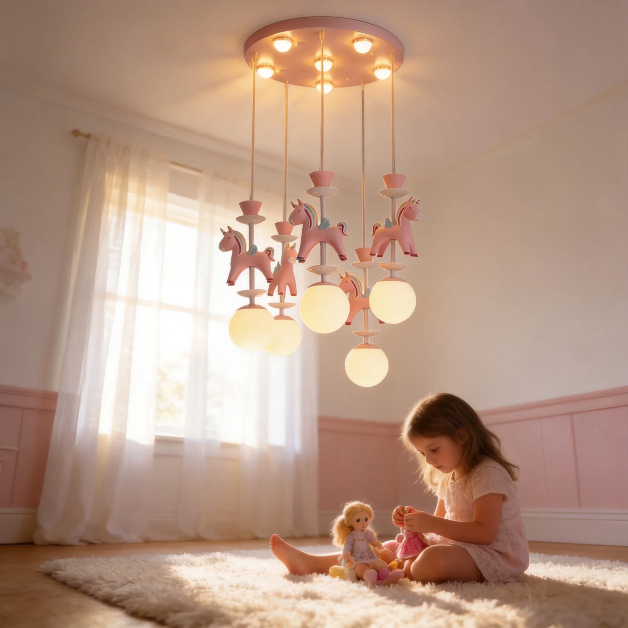 Pink Unicorn Cartoon LED Pendant Lamp for Baby Room Children's Bedroom Warm Light Eye Protection Chandelier