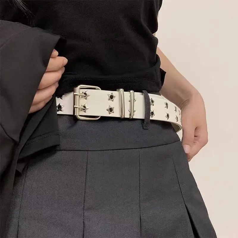 New Women's Belt Large Size Double Hole Men Belt Punk Hip Hop Rock Style Subculture Y2K Belt Punch Free Belt for Men and Women