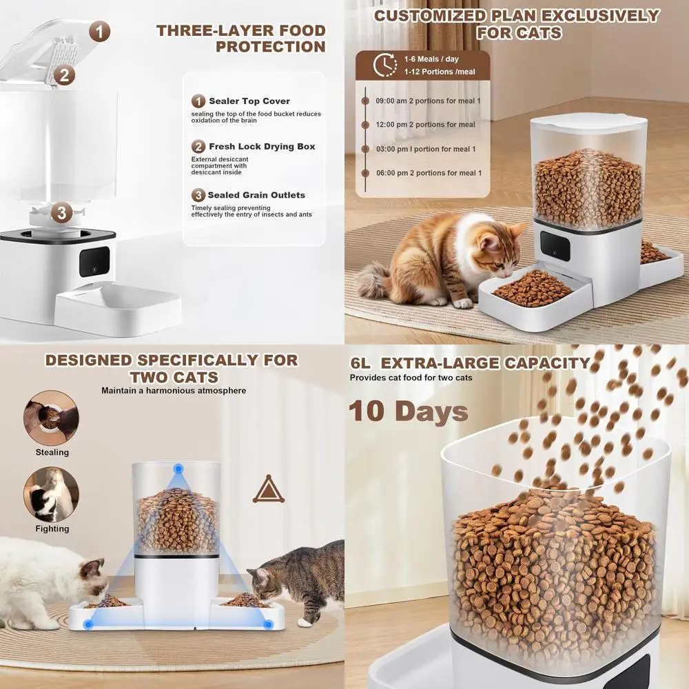 وحدة تغذية أوتوماتيكية للقطط لقططين، أوعية مزدوجة ذات سعة كبيرة، قابلة للفصل، موزع طعام للحيوانات الأليفة للتحكم في التطبيقات الذكية، أداة مفاتيح ذات ذيل طويل