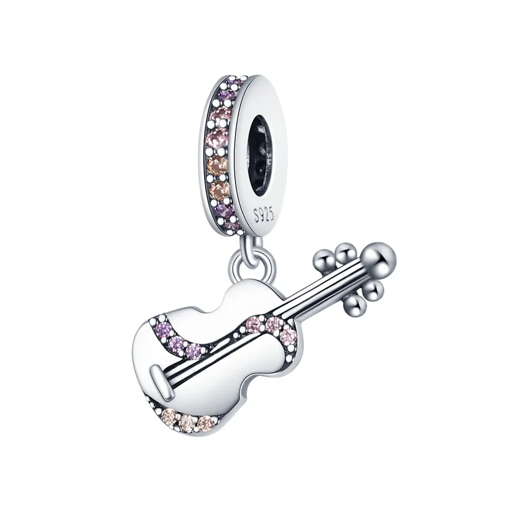 Versilberte 925er Silber-Charms in Form von Geigen und Gitarren in Rosa und Lila, passend für 925er Charm-Armbänder, Perlen, Musikinstrumenten-Schmuck, Geschenk für Frauen