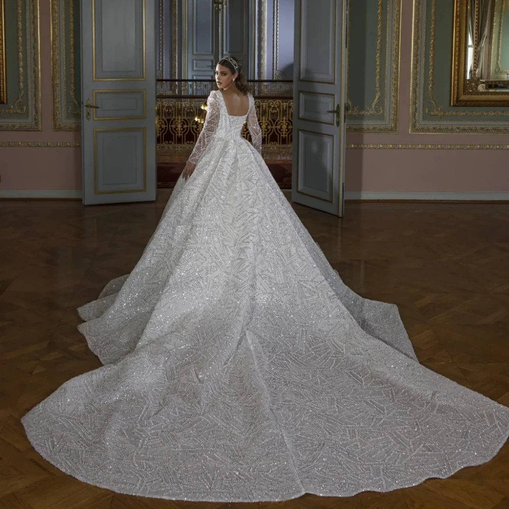 Abito da sposa a maniche lunghe con scollo quadrato modesto Abito da sposa con paillettes lucide Abito da ballo squisito Abito da sposa Vestido De Novia personalizzato