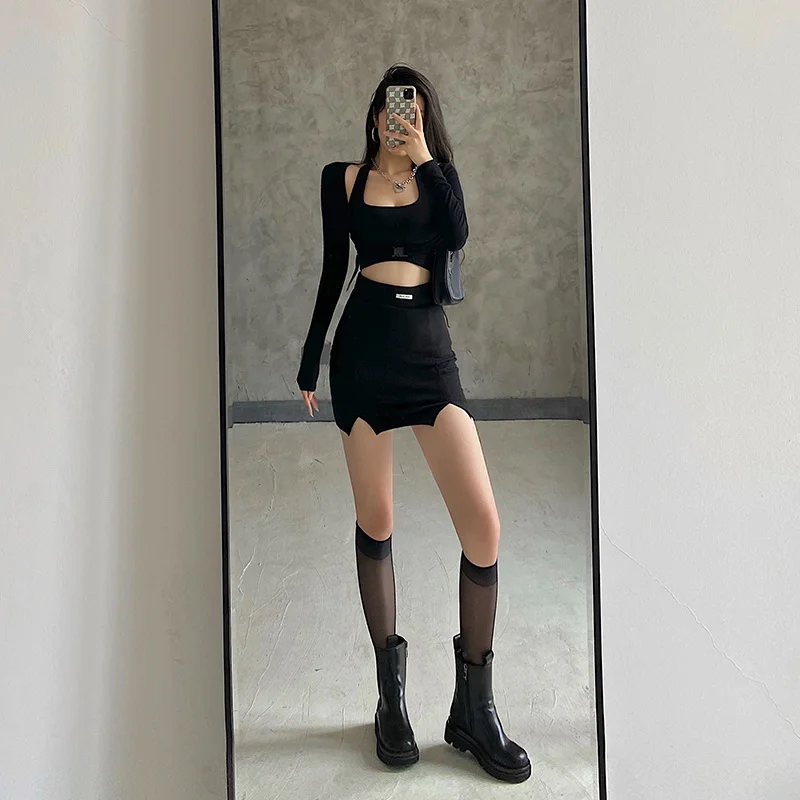 3 Pieces Sets Women Casual Sportswear 2024 New Sexy Sweet Halterneck Tank+Long Sleeve Crop Tops And Tight Slitp Mini Skirts Set