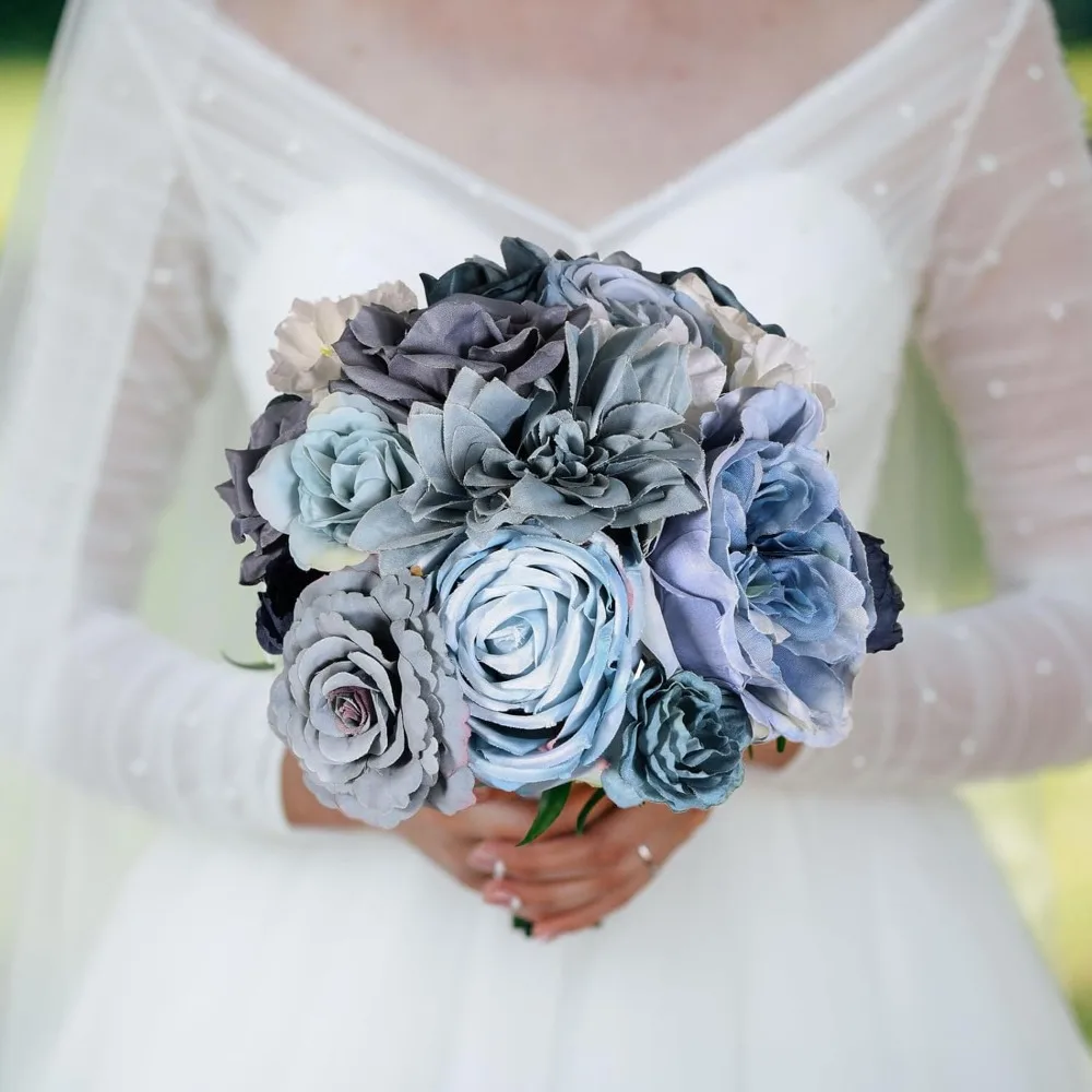 مجموعة صناديق كومبو من الزهور الاصطناعية باقة زهور زرقاء مغبرة لترتيبات قطع مركزية لحفلات الزفاف وحفلات الزفاف