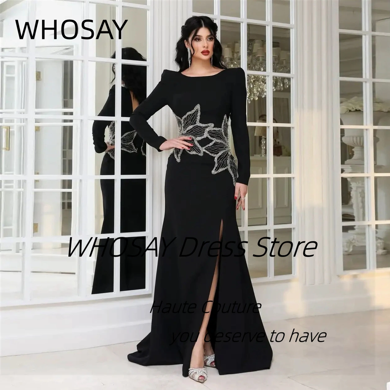 

WHOSAY Customized Women's Black Evening Dresses Customized Beading Side Slit Vestidos De Noches Long Sleeves Prom Party Dress