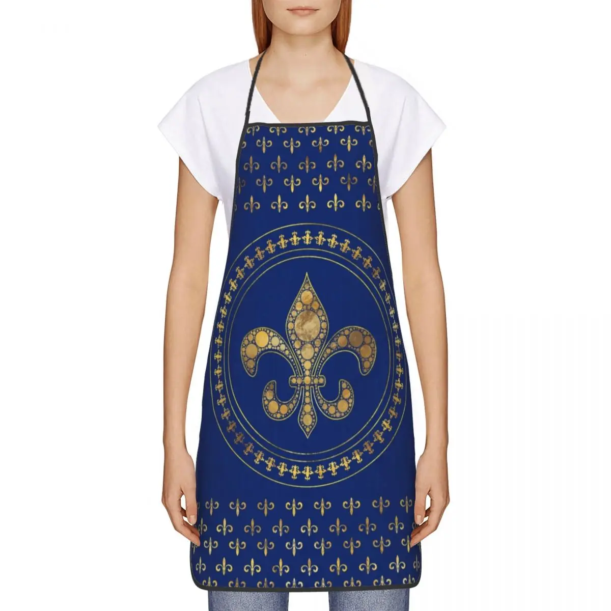 Custom Fleur-De-Lys Gold And Royal Blue Apron  Bib Fleur De Lis Lily Flower Cooking Kitchen Tablier Cuisine Chef Gardening