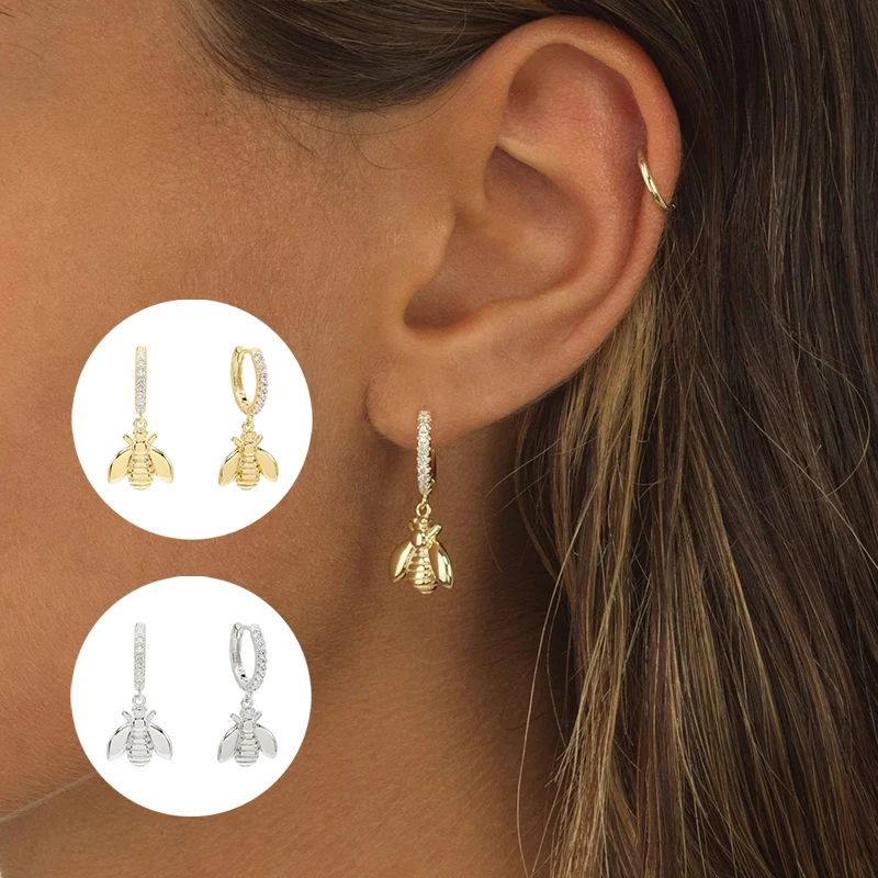 Silver Gold Color Zircon Round Bee Pendientes Hoop Earring for Women Cute Animal Huggie Ear Ring Jewelry Aretes Wholesale 2025 view 2