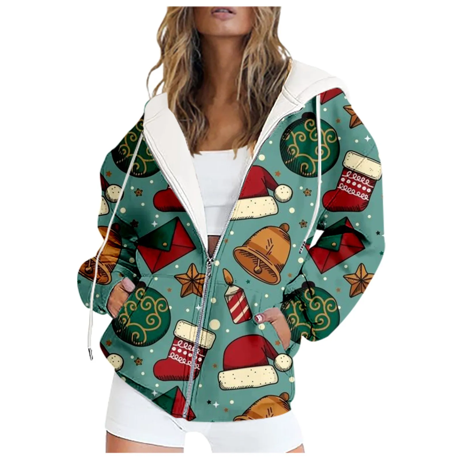 Elegant Loose Zipper Christmas Element Pattern In Stock 3d Digital Printing Cross-Border Long Sleeved Hooded SweatshirtWC4